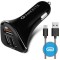 Amkette Power Pro 3 Port 33 Watts USB Car Charger with Quick Charge 3.0 & Free Braided Type C Cable, 1 Year Warranty