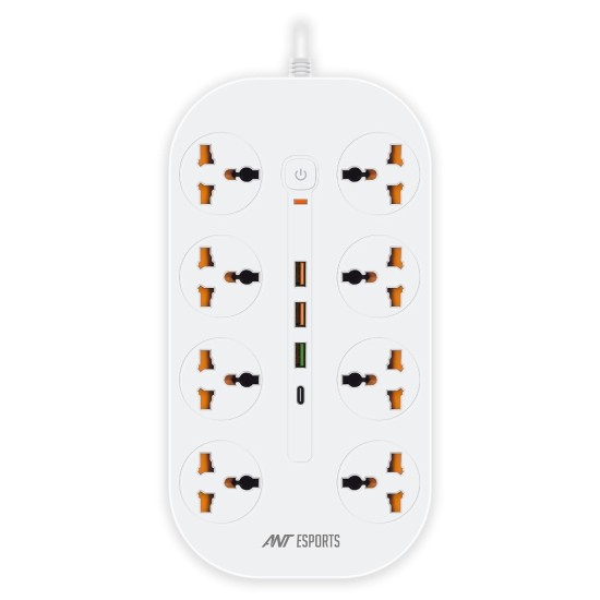 Ant Esports PS831 Power Strips with 8 Universal Socket and 3USB-A & 1Type-C, 3-Meter Cord, 2500-Watt,Fireproof Material, Heavy Duty Cable Overload Protection,Extension for Home/Office Appliances–White