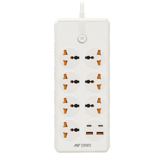 Ant Esports PS722 Power Strips with 7 Universal Socket and 2USB-A & 2Type-C, 3-Meter Cord, 2500-Watt,Fireproof Material, Heavy Duty Cable Overload Protection,Extension for Home/Office Appliances–White