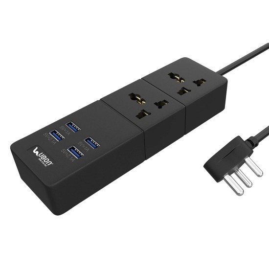UBON 6-in-1 Power Series EXT-2, 1500W Extension Board with 2.1Amp 4 USB Charging Output & 2 Three Pin Power Sockets, 2mtr Cord Length, Smart Protection System, Universal Compatibility - Black