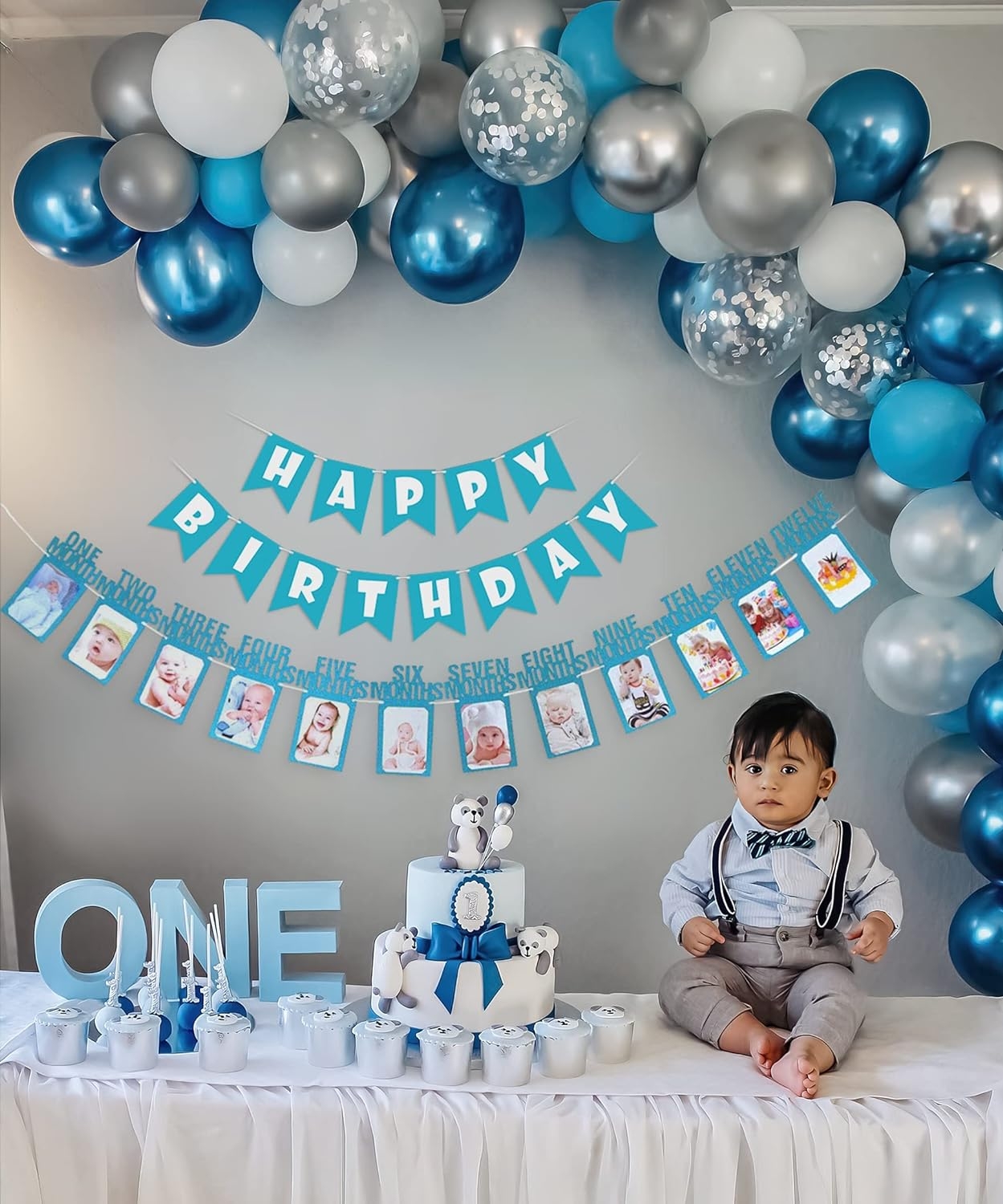 Birthday Decoration Kit 63 Pcs | Metallic Blue/Sliver/Pastel Blue/White Balloons, Silver Confetti Balloon, Blue HBD Banner