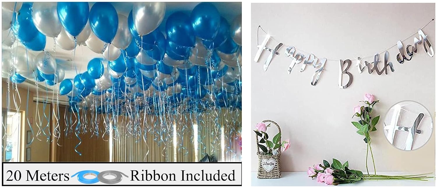 10 Blue & Silver Metallic Balloons with Matching Ribbon for Decoration, Balloon for Birthday (50 pcs)