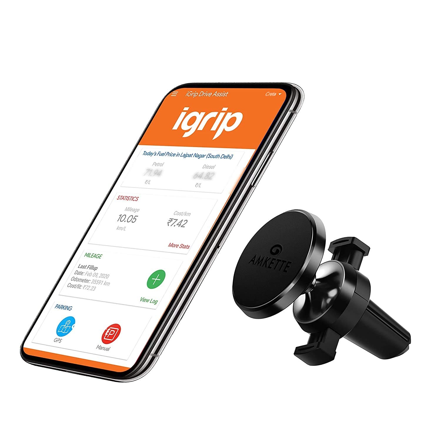 Amkette iGrip Magnetic Car Air Vent Phone Holder | Metal Body | 6 Powerful Magnets | Anti-Shake Design | 360 Degree Rotation | Universal Compatibility | Drive Assist Companion App | (Black)