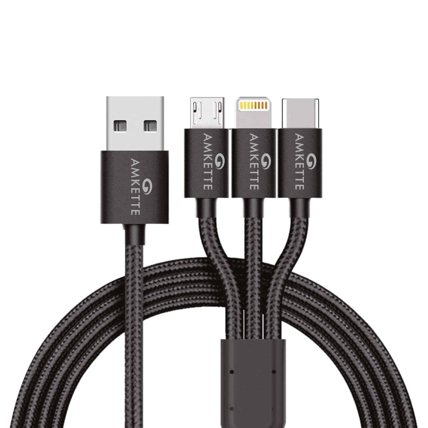 Amkette 3 in 1 Multifunction USB Cable. Micro USB to Type-C to iPhone cable, Silk Braided,Durable and Versatile, For all Android and iPhone Devices, 1 m cable (Grey)