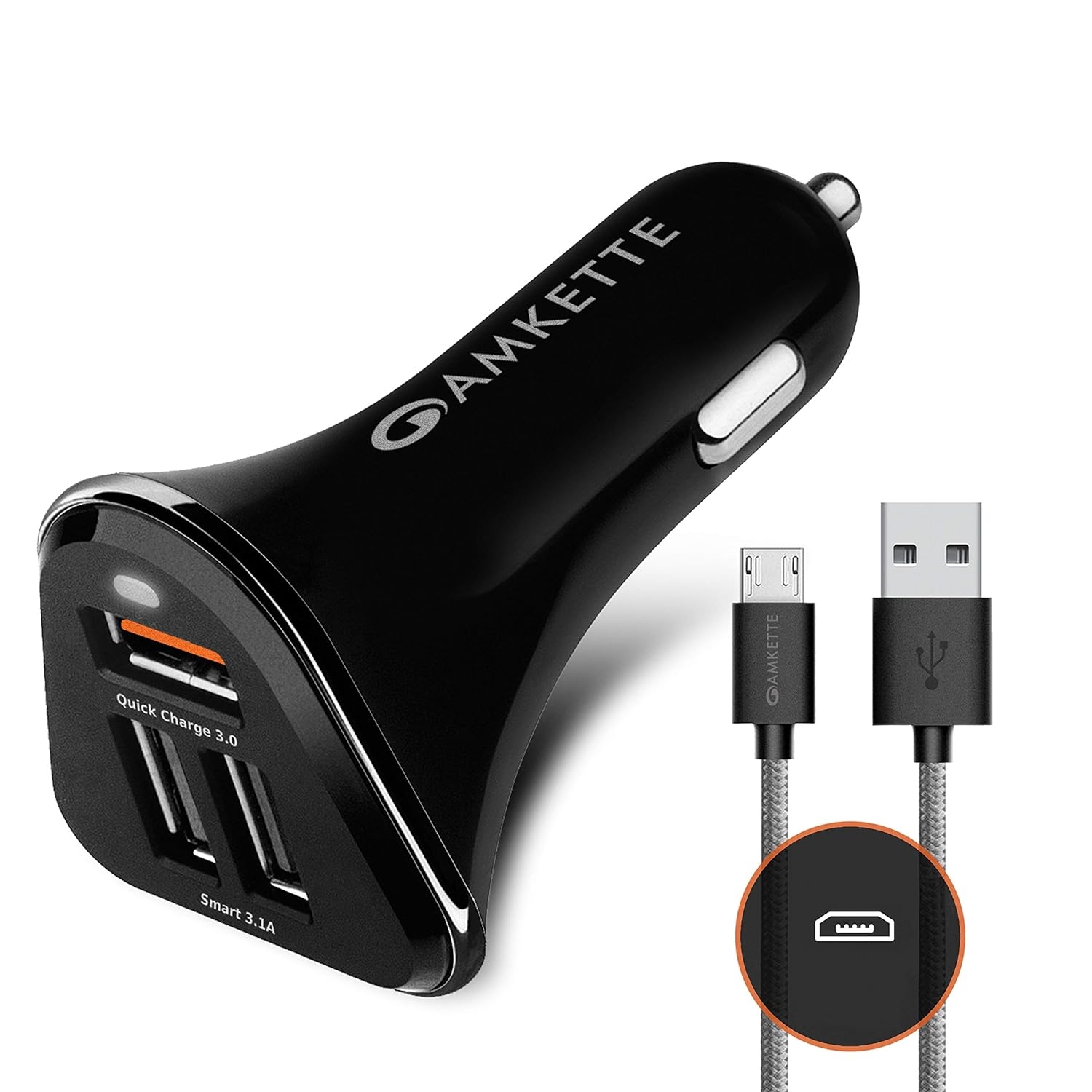 Amkette Power Pro 3 Port 33 Watts USB Car Charger with Quick Charge 3.0 & Free Braided Micro USB Cable, 1 Year Warranty (Black).