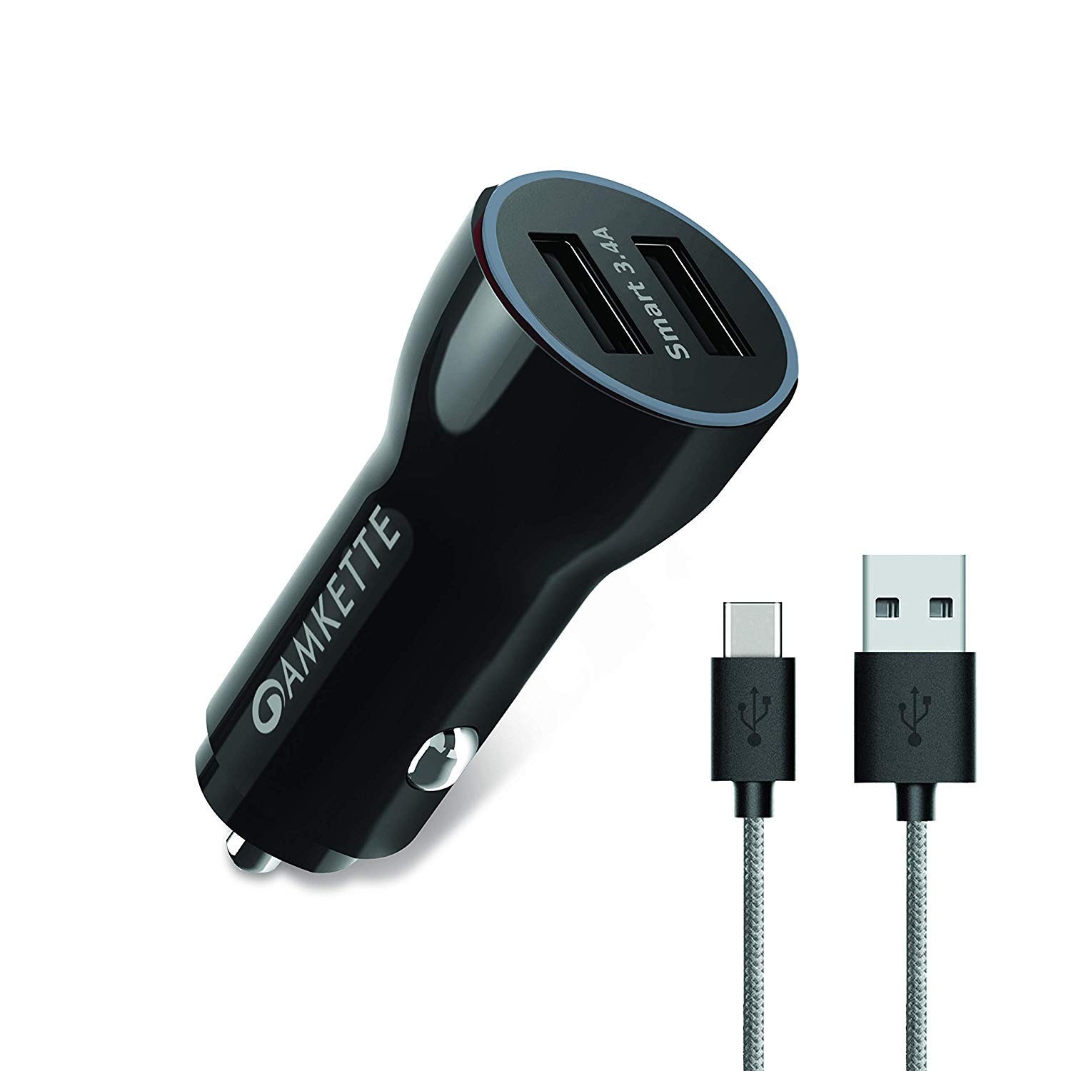 Amkette Power Pro Dual Port USB Car Charger Smart Charging with 3.4A + Braided Micro USB Cable (Black)