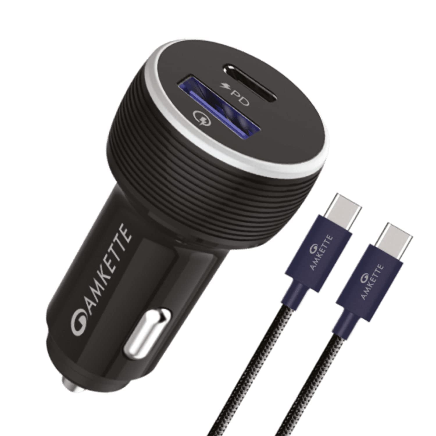 Amkette Power Pro QC & PD 2 Port Car Charger with Type C to Type C Fast Charging Cable