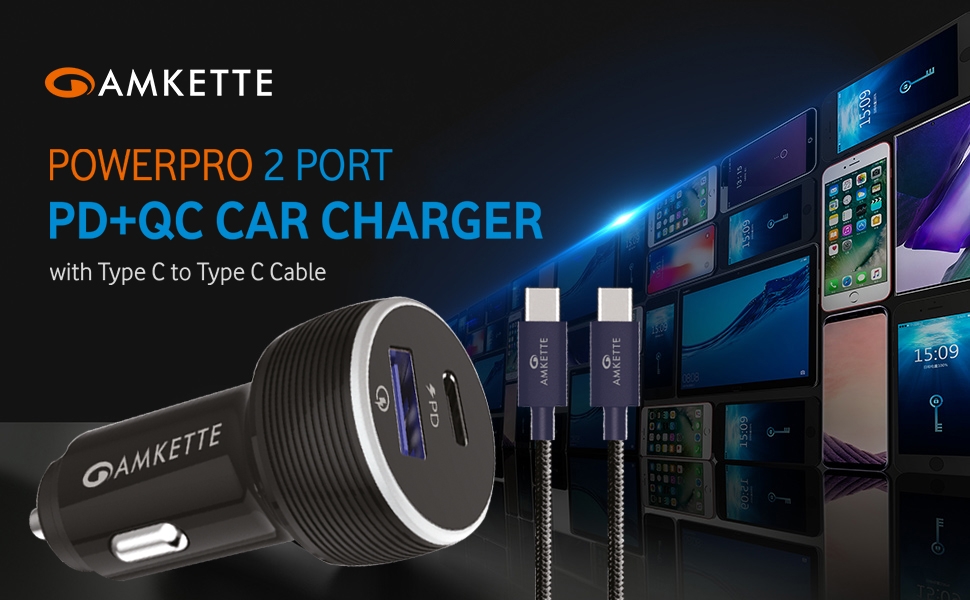 Amkette Power Pro 2 Port QC 3.0 PD Car Charger with Type C to 8 Pin Cable