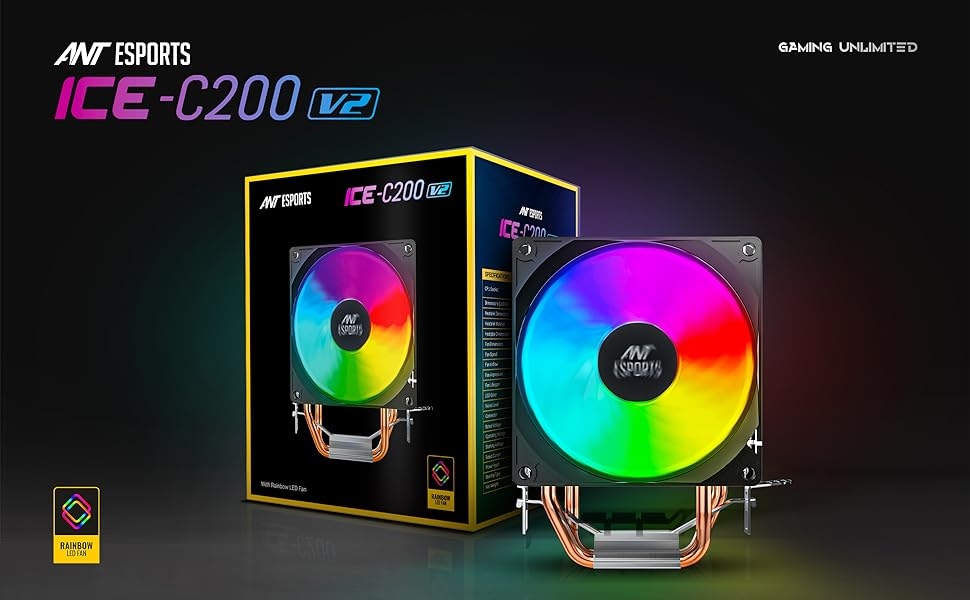 Ant Esports ICE-C200 V2 CPU Cooler/CPU Fan with Rainbow LED Fan | Support - Intel : LGA1700 / 115X / 1200/1366 x 775 & AMD : AM5, AM4, AM3+, AM3, AM2+, FM2, FM1