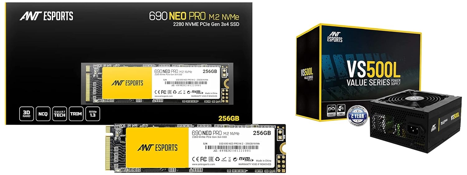 Ant Esports 690 Neo Pro M.2 NVMe SSD 256 GB Internal Solid State Drive (SSD) with NMVe PCIe Gen 3 x4 Drive Supporting The PCI Express 3.1, Black & VS500L 500 Watt Power Supply