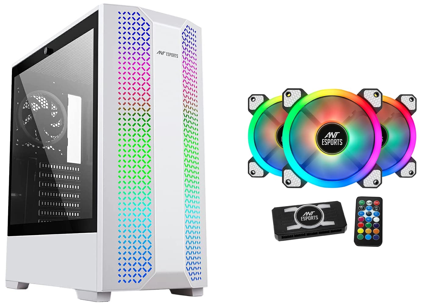 Ant Esports ICE-280TGW Mid Tower Computer Case I Gaming Cabinet -White Supports & Superflow 120 KIT ARGB Case Fan Pack of 3 ARGB Fans with ARGB Control Box and RF Remote