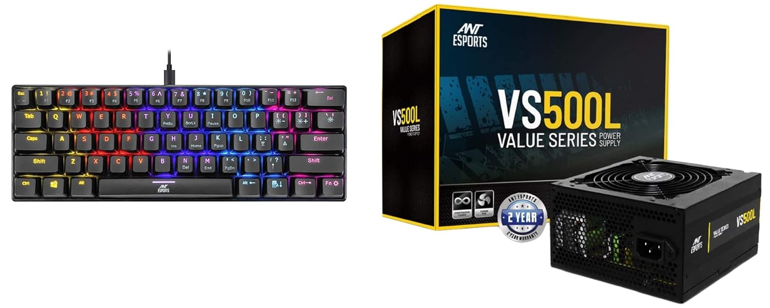 Ant Esports MK1200 Mini Wired Mechanical Gaming Keyboard with RGB Backlit Lighting & VS500L 500 Watt Non-Modular Continuous Power Gaming Power Supply/PSU for PC