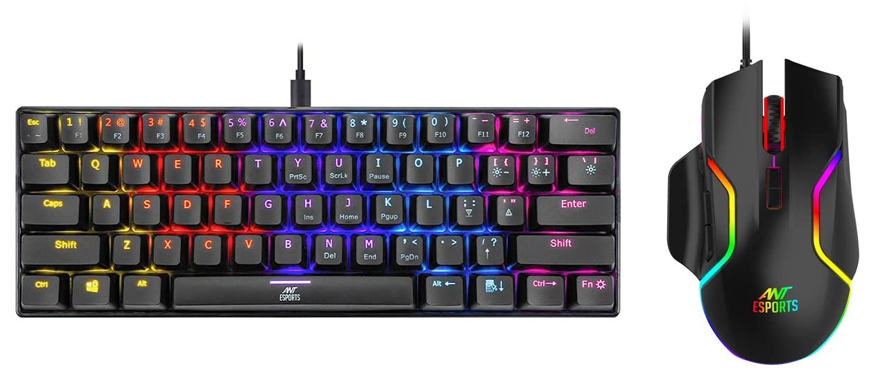Ant Esports MK1200 Mini Wired Mechanical Gaming Keyboard with RGB Backlit Lighting and 60% Compact Form Factor - Red Switch & GM320 RGB Optical Wired Gaming Mouse | 8 Programmable Buttons | 12800 DPI