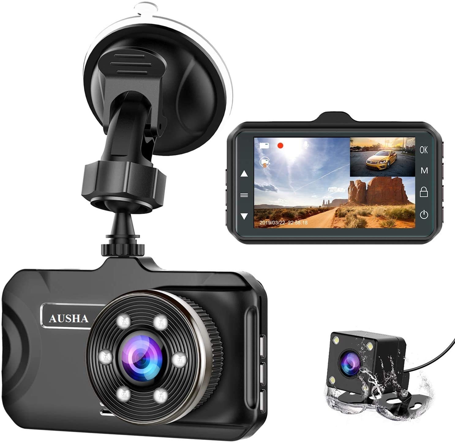 AUSHA® 1080P Dashboard Camera Front and Rear Dash Cam with G-Sensor, Loop-Recording & Parking Mode