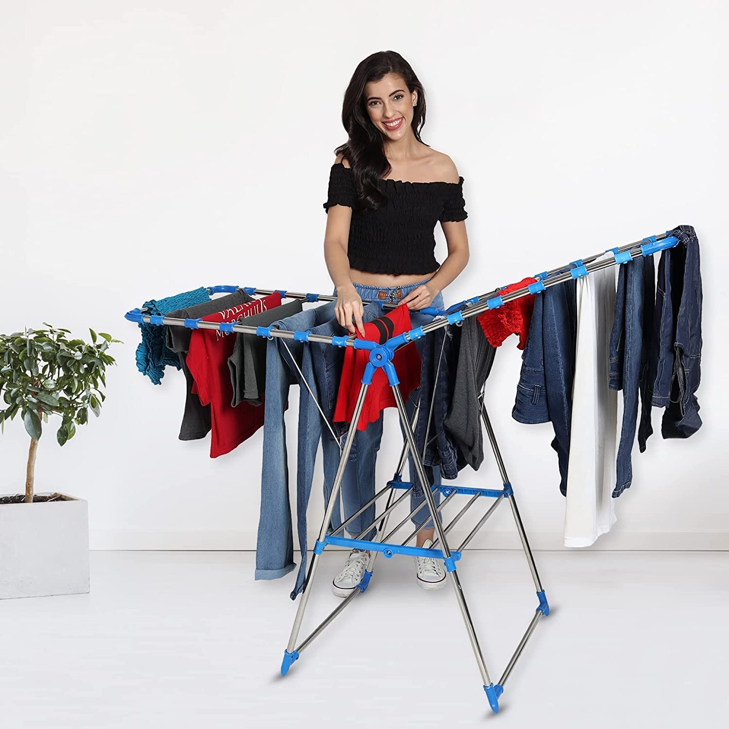 Benevole Stainless Steel Cloth Drying Rack Stand for Clothes, Foldable, Collapsible Space Saving | Indoor-Outdoor Use