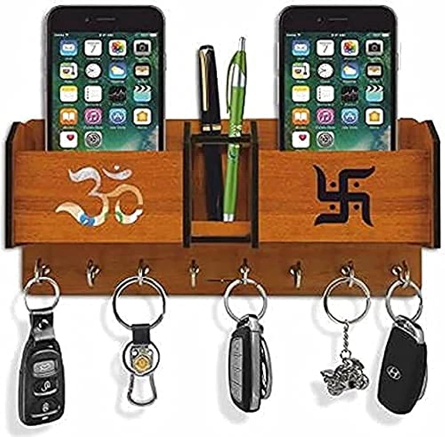 MDF Wood Wall Mounted Mobile Holder Key Stand for Wall Decor Wooden Hanger Hook Stand for Home & Office Decor (8 Hooks)