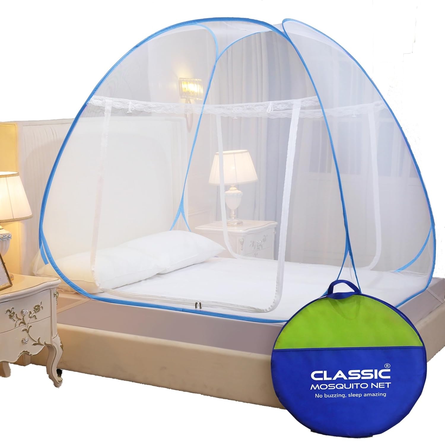 Classic Mosquito Net for Double Bed | King Size Foldable Machardani | Polyester 30GSM Strong Net | PVC Coated Steel Wire