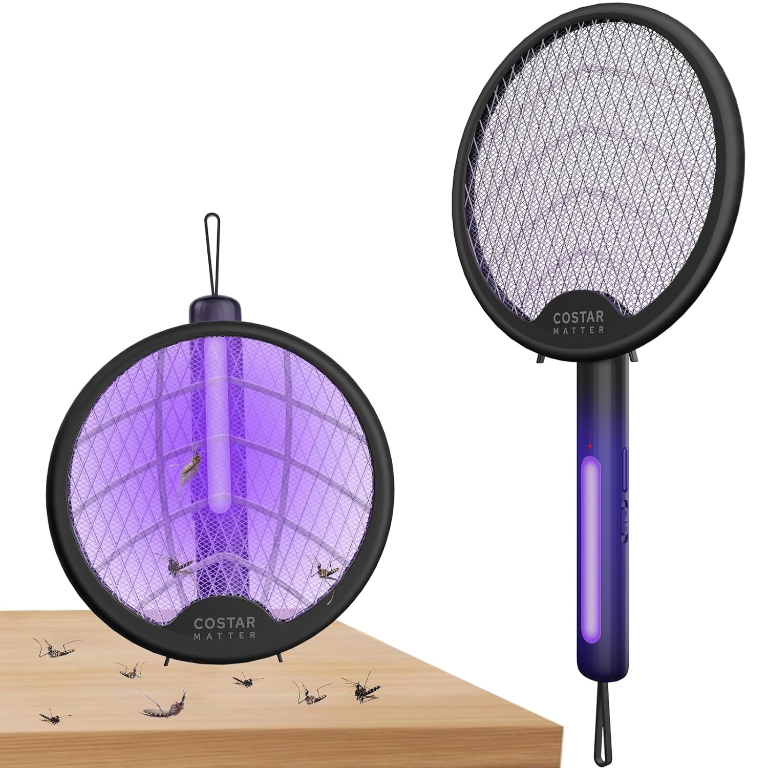 Foldable Swivel Mosquito Racket | 2 in 1 Bat USB Rechargeable, Bug Zapper Electric Fly Swatter with UV Light Lamp
