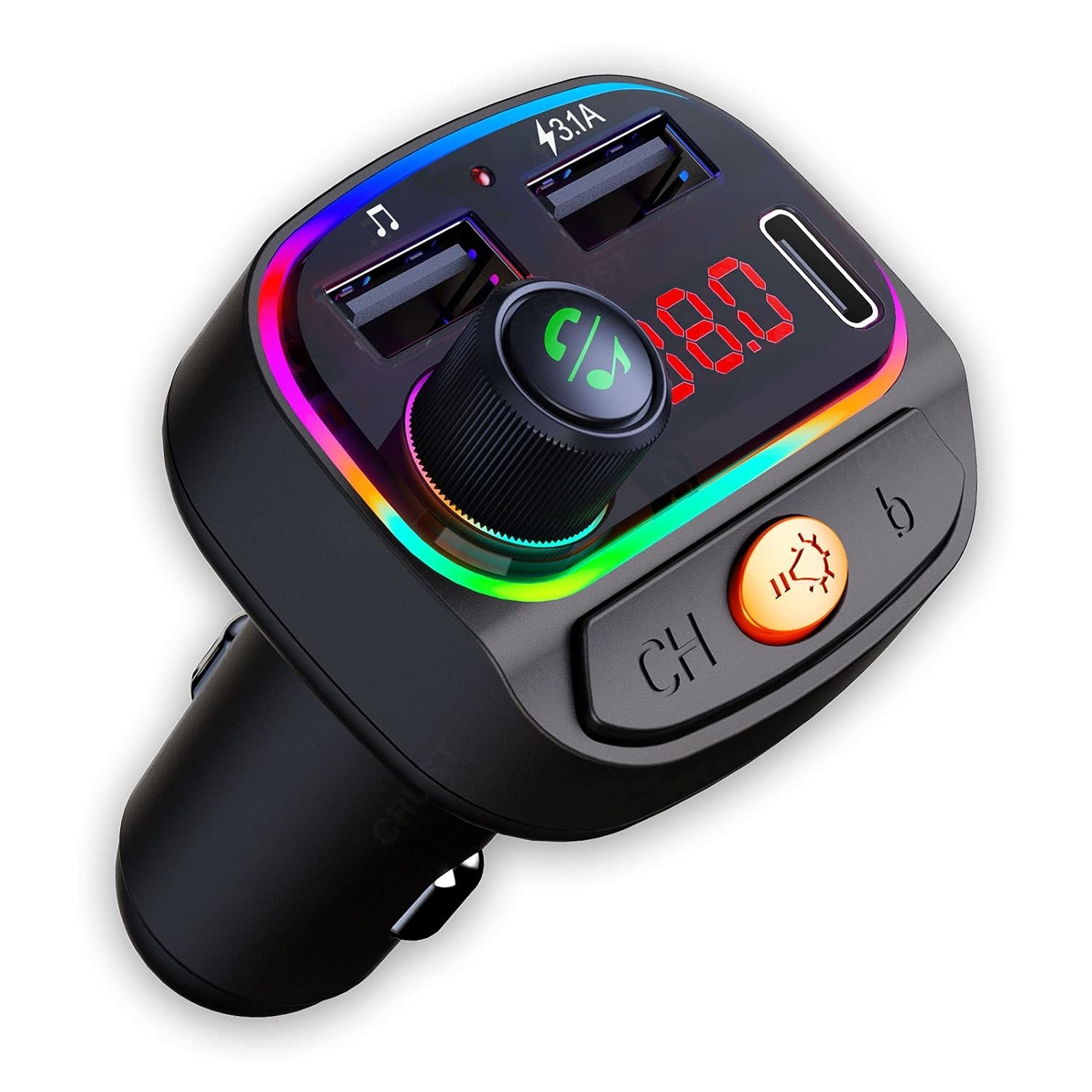 Car Bluetooth Device with Call Receiver FM Transmitter | Dual USB + Type C Fast Charger | Voice Assistant 7 Colour LED Lights