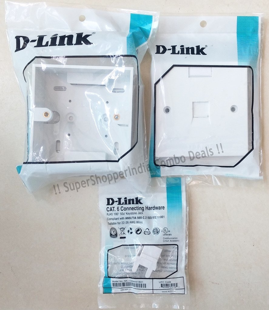 D-Link Combo Deals -RJ45 CAT6E Lan I/O Network Keystone Jack + Gang Box + Single Port Face Plate - 1 set