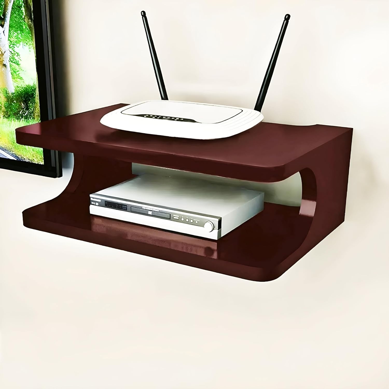 Set top Box Stand | WiFi Router Holder Wooden Wall Shelves for Home | Wall Mount TV Cabinet for Living Room