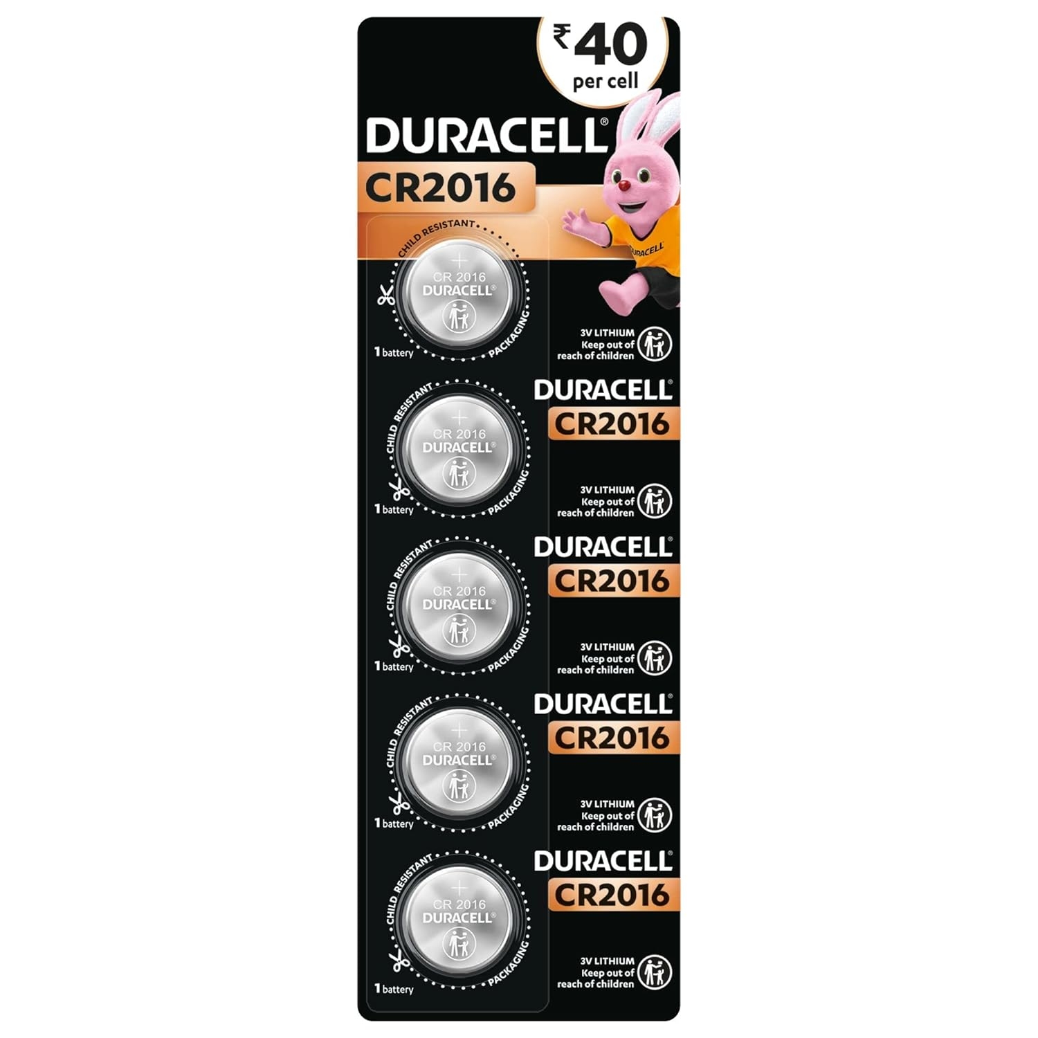Duracell Specialty CR2016 Lithium Coin Battery 3V, 5 pcs for use in keyfobs, Scales, wearables & Medical Devices