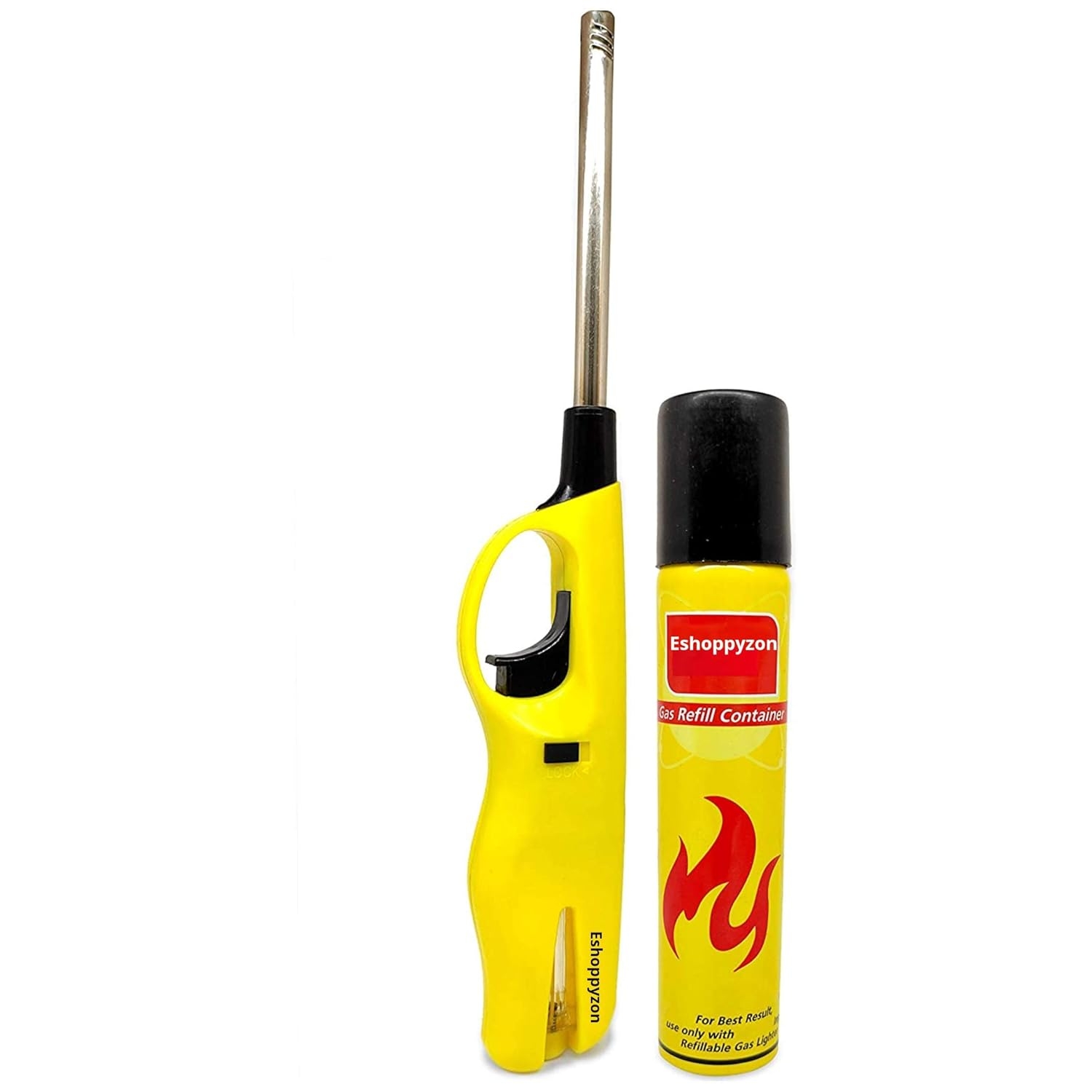 Eshoppyzon Refillable Adjustable Flame Kitchen Gas Stove Lighter with 100ml Refill Bottle (Yellow- Plastic) Gas Lighters