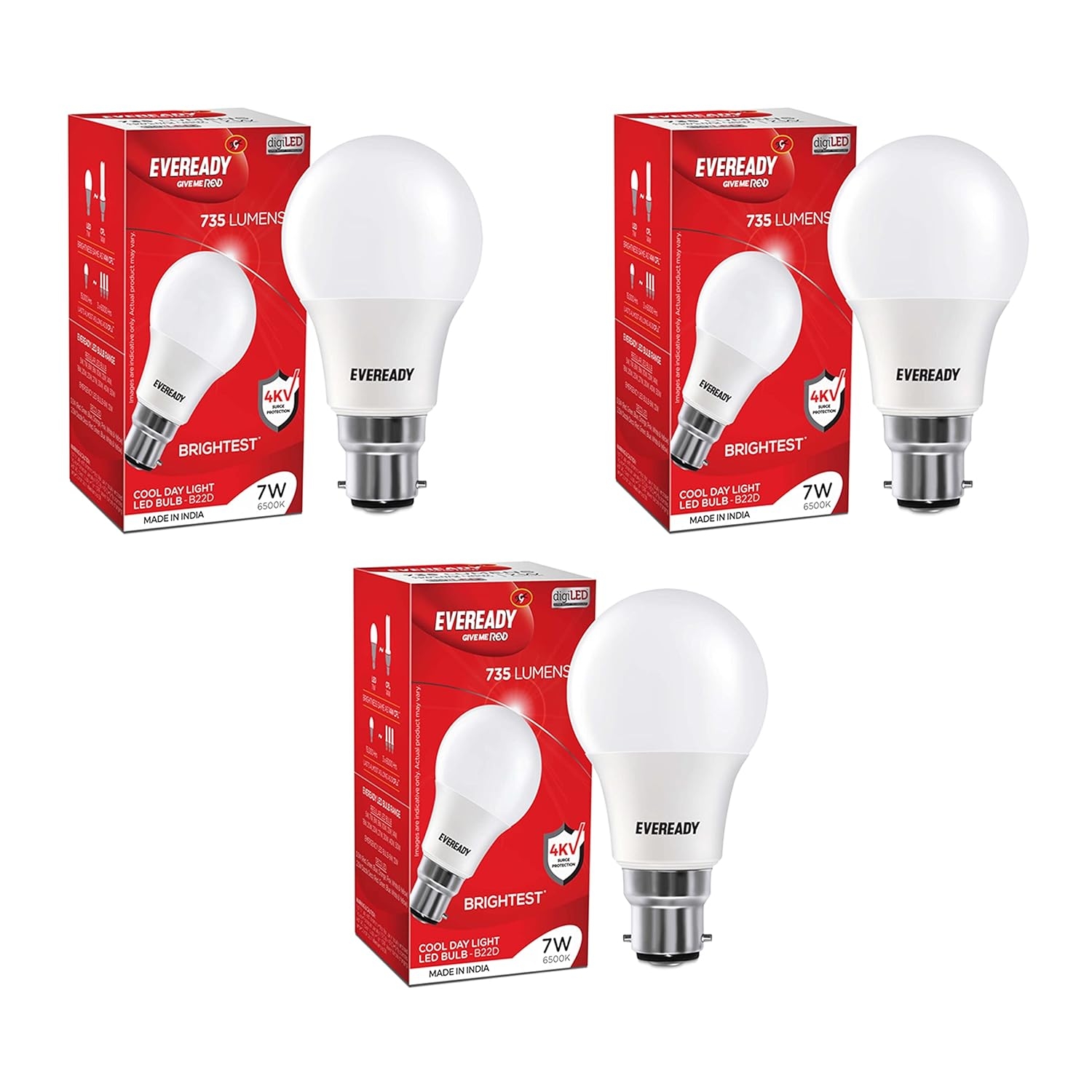 Eveready 7W LED Light Bulb | Energy Efficient | 4KV Surge Protection 440 V | 100 Lumens Per Watt | (6500K) | 3 pcs