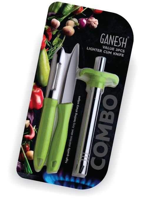 Ganesh Stainless Steel Gas Lighter with Knife & Peeler, 3-Piece, Colour May Vary Colour Gas Lighters