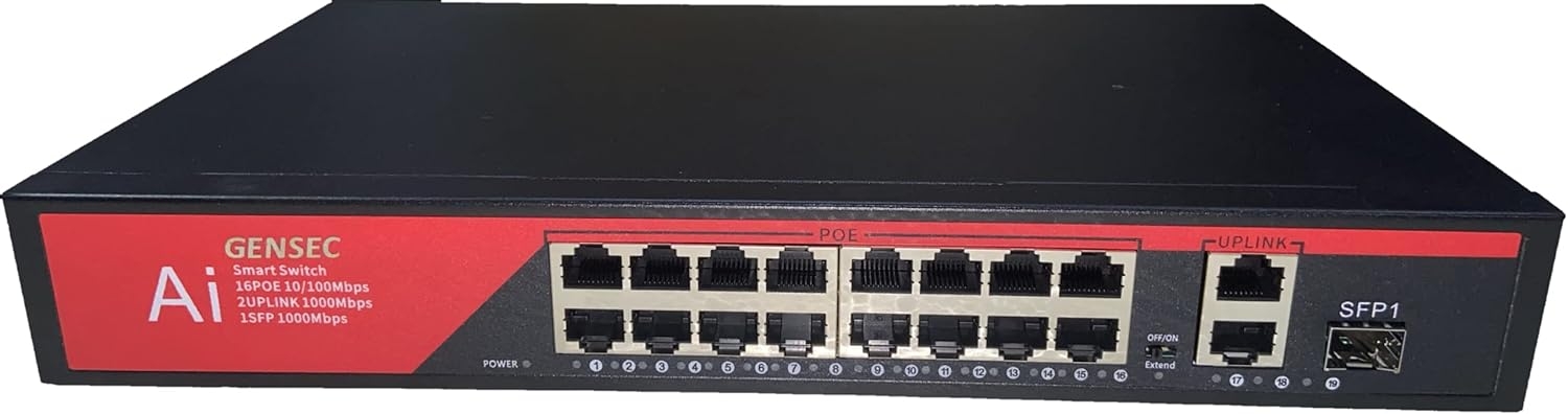 GENSEC Smart 16 Port Power Over Ethernet PoE Switch+ 2 Gigabit Uplink+ 1 Gigabit SFP Network Port for IP Camera & NVRs