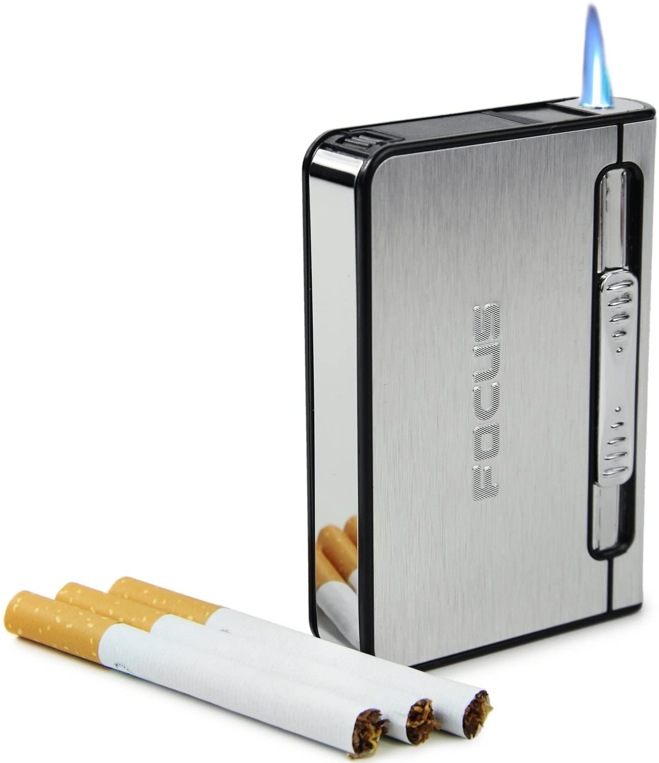 Focus Ultra Thin Cigarette Case with inbuilt Cigarette Lighter || Full Pack 10 Regular Cigarettes Box Holder Flameless Gas Lighter With Free Cigarette Safety Filters Kitchen Tools