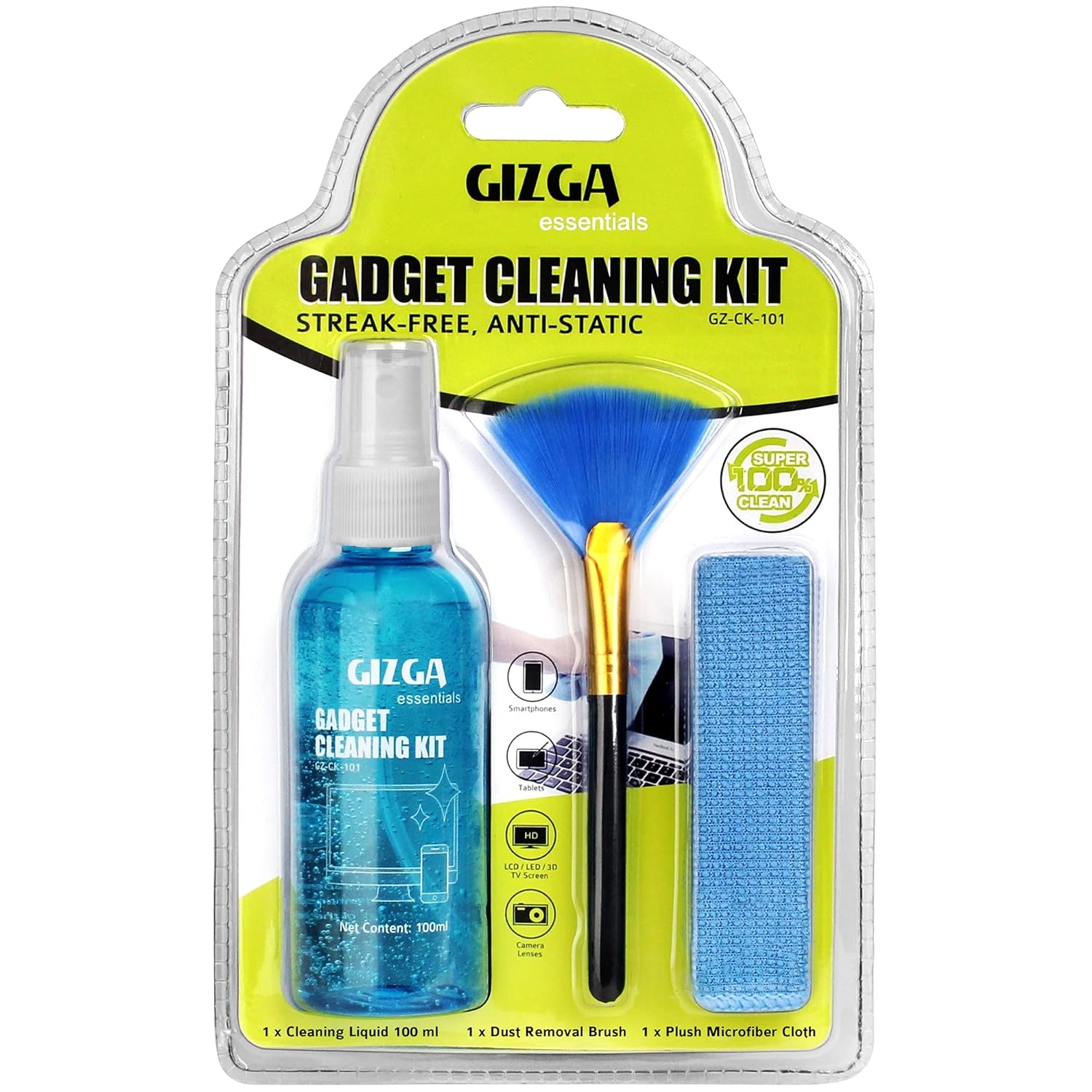 Gizga Essentials 3-in-1 Cleaning Kit | Cleaning Liquid 100ml | Plush Microfiber Cloth | Dust Removal Brush for Lens