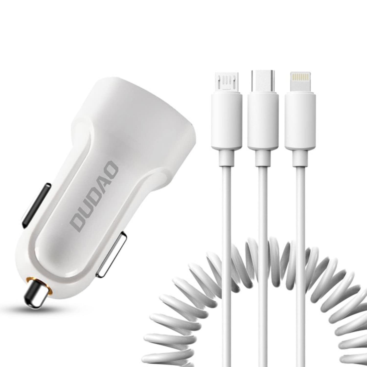 DUDAO R7 Quick 3A Car Charger with 3 in 1 stretchable Coil Cable 1.2M | DUAL USB Port Qualcomm 3.0 Adapter for iPhone