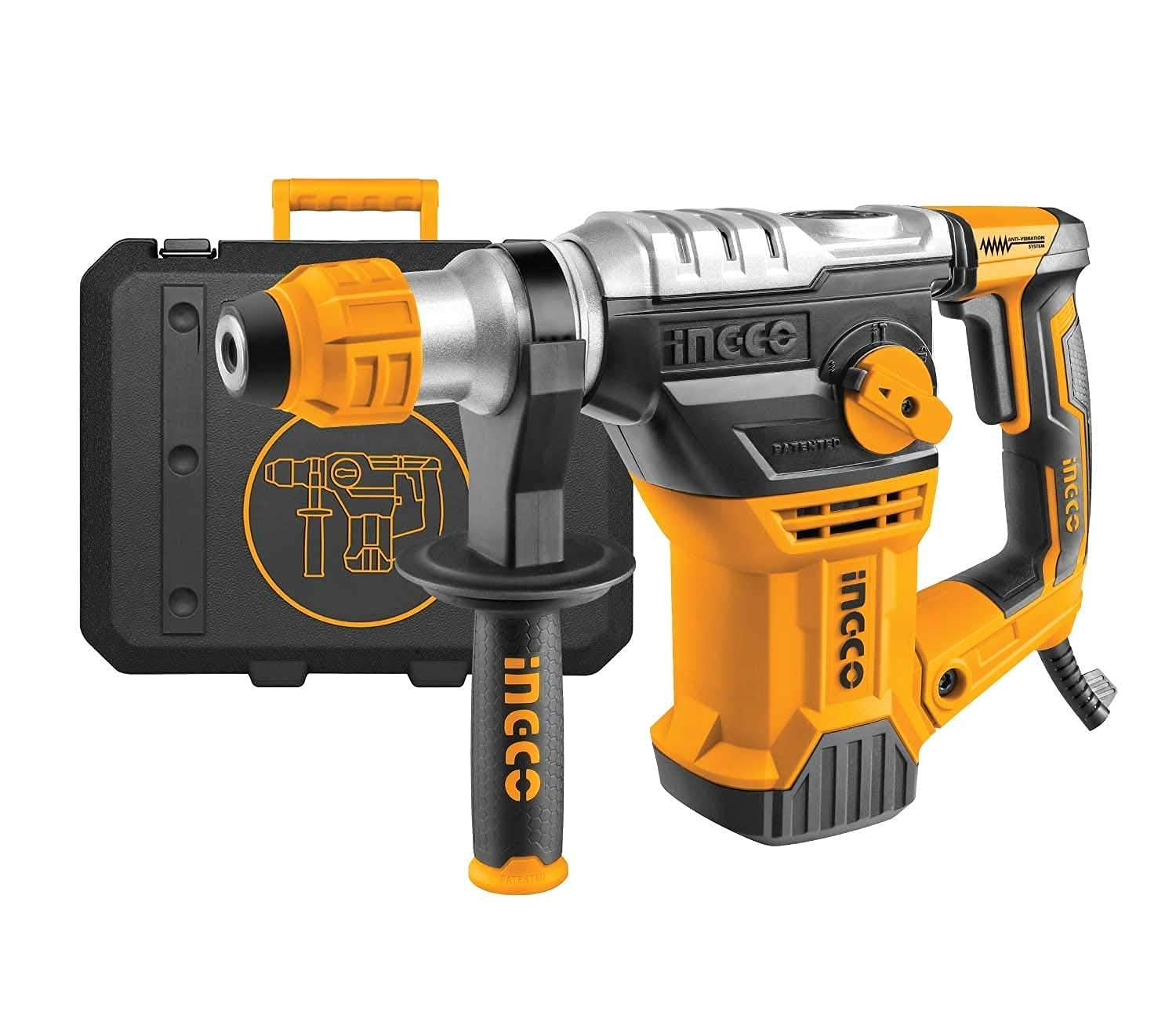 Ingco Innovative Industrial 1500W Rotary Hammer Cum Breaker Cum Demolition Hammer | 3 drills, 2 chisels Corded-electric, 220-240V - Yellow Rotary Hammers