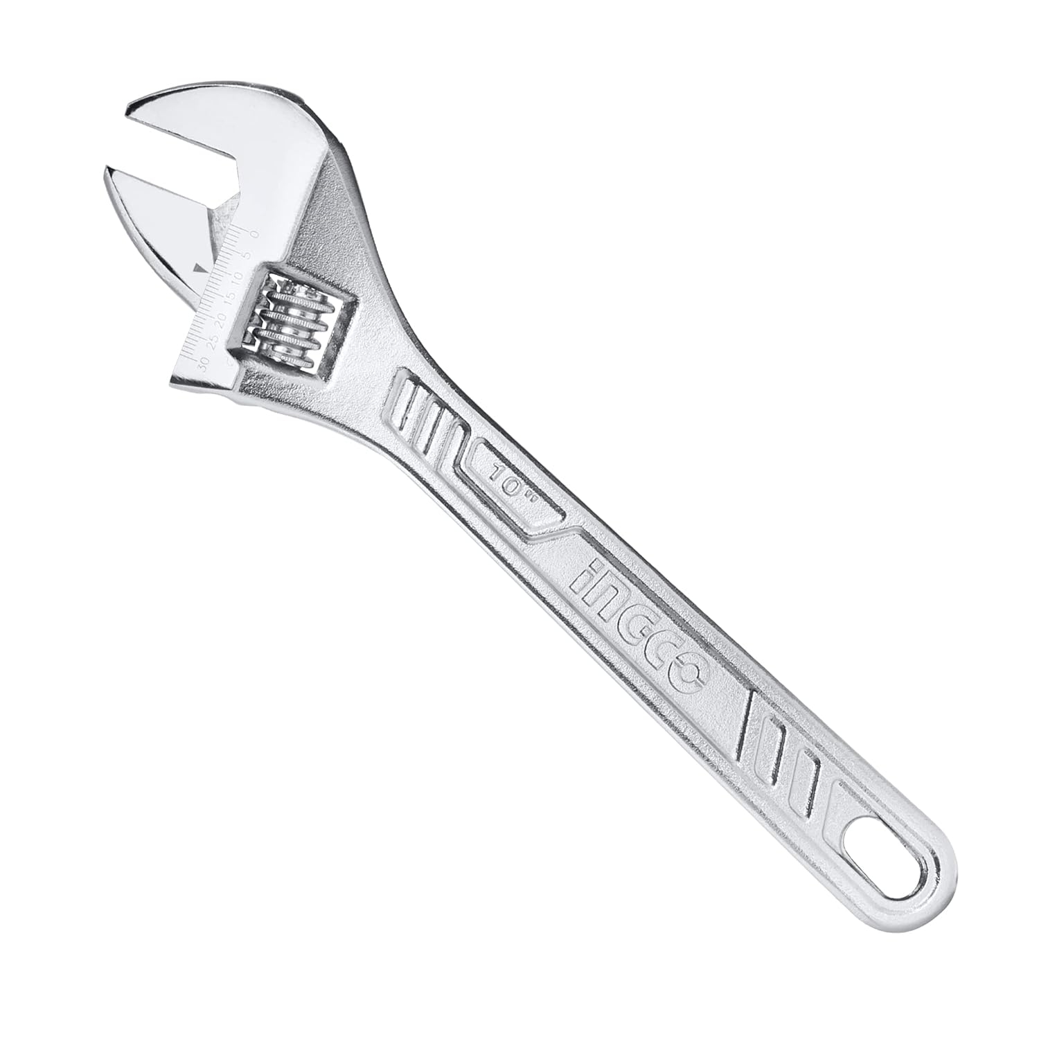 Ingco Adjustable Wrench, 0-30mm | Metric Scale | 250mm(10") | C45, Drop-forged, Chrome-Plated, Professional Adjustable Wrench