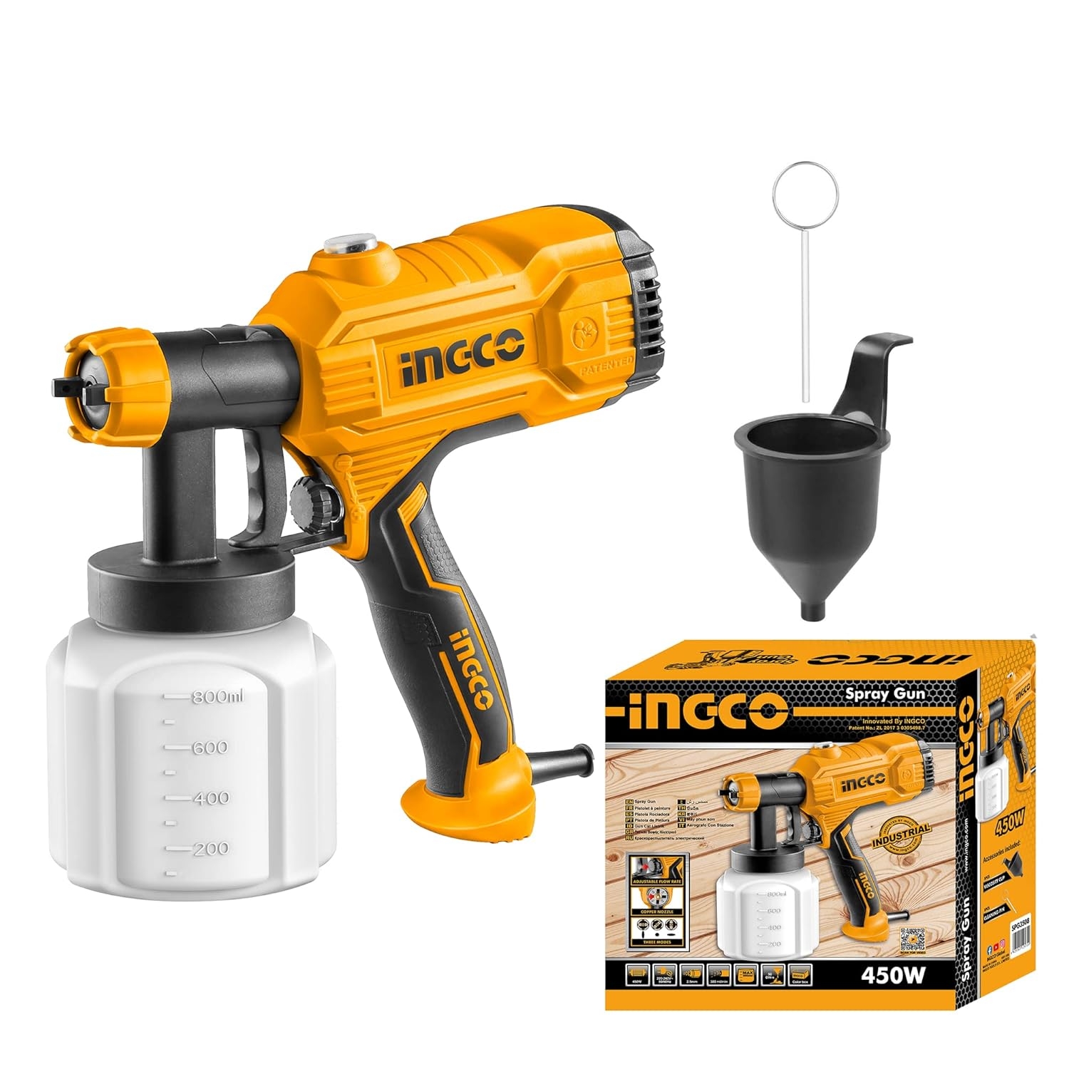 Ingco Spray Gun, 450W | 800Ml Electric Spray Gun | 1.5Mm Copper Nozzle | 50Din-S | 380 Ml/Min Paint Sprayer, Corded Painting Machine Suitable For Base Coat Spray Gun For Auto Paint, Hand Powered Paint Sprayers