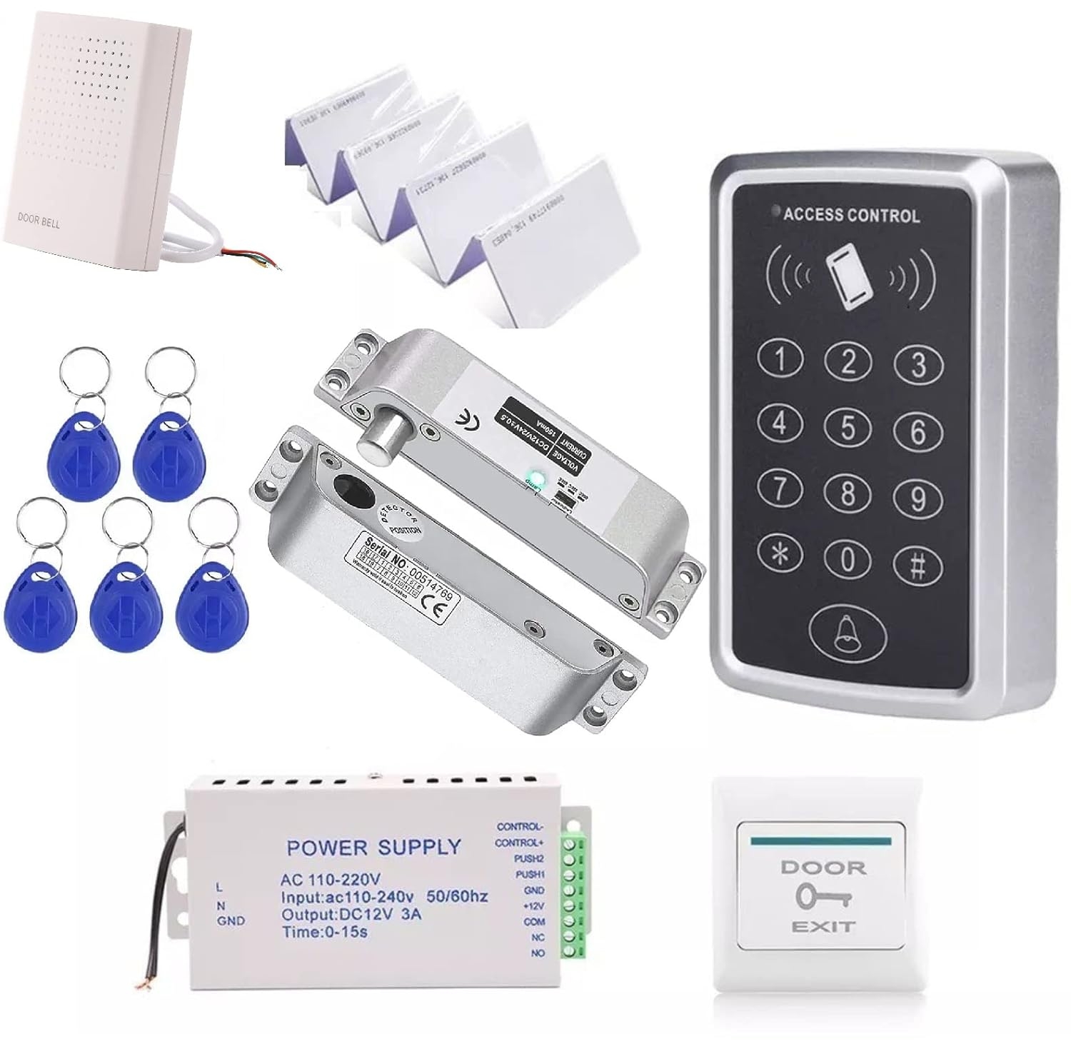 Jenix Open Surface Drop Bolt Lock Kit | Including RFID Access Control, Power Supply, Exit Button, Tag Full Set