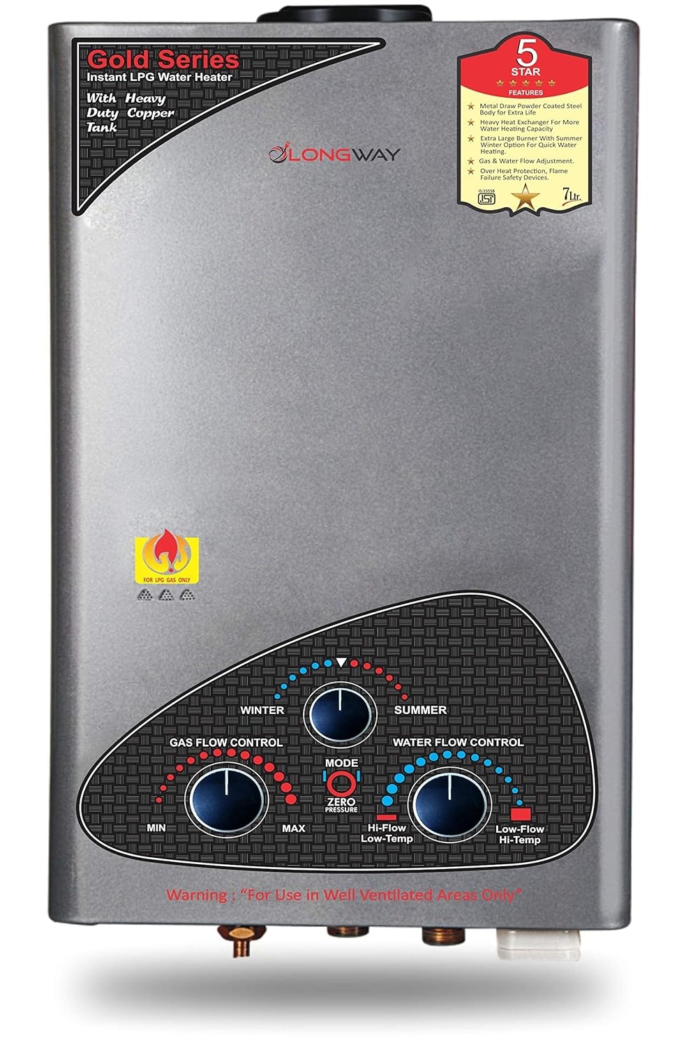 Longway Xolo Gold Dlx 7 ltr Automatic 5 Star Rated Gas Instant Water Heater with 2 Year Warranty