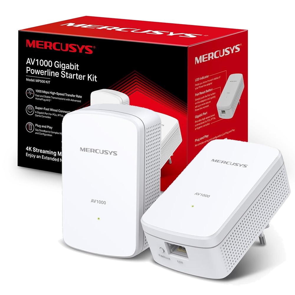 Mercusys Tp-Link Mp500 Kit Av1000 Gigabit Powerline Starter Kit | Super-Fast Wired Gigabit LAN Adapter | 1000 Mbps Homeplug Av2 | Plug and Play - Ethernet, Desktop