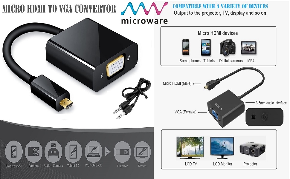 micro hdmi to vga female with audio cable adapter converter