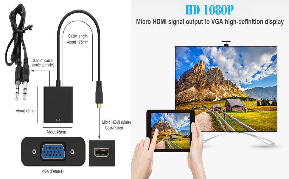 micro hdmi to vga female with audio cable adapter converter