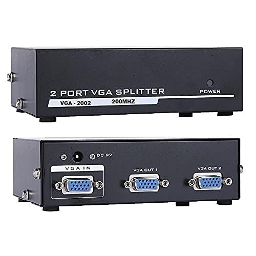 1x2 VGA Splitter, 2 Port Powered VGA Splitter | 350Mhz Video Distribution Duplicator for 1 PC to Dual Monitors Projector