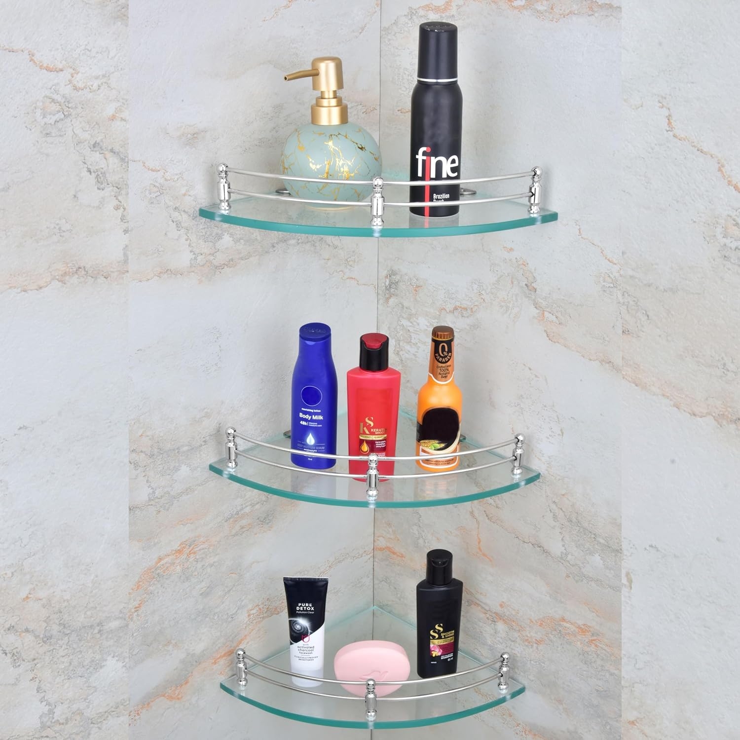 Wall Mounted Round Transparent Glass Corner Shelf for Bathroom, Kitchen Storage Shelf, Shampoo, Cream (Pack-3)