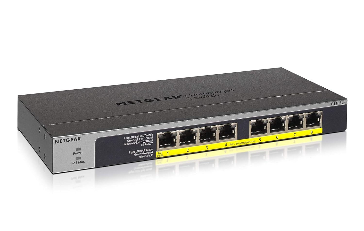NETGEAR 8-Port Gigabit Ethernet Unmanaged PoE Switch (GS108LP) - with 8 x PoE+ @ 60W Upgradeable, Desktop/Rackmount, and ProSAFE Limited Lifetime Protection