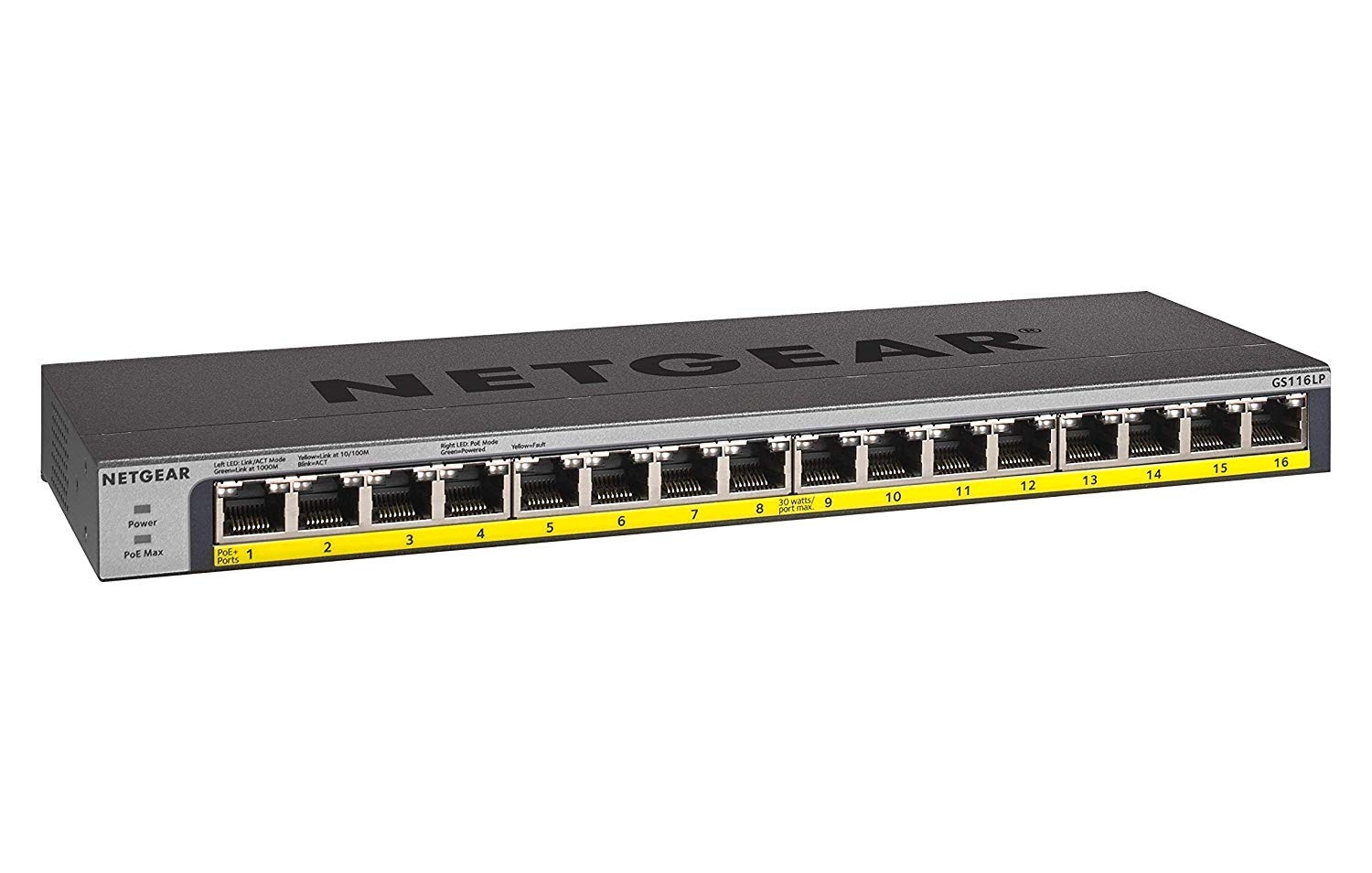 NETGEAR 16-Port Gigabit Ethernet Unmanaged PoE Switch (GS116LP) with 16 x PoE+ @ 76W Upgradeable Desktop/Rackmount