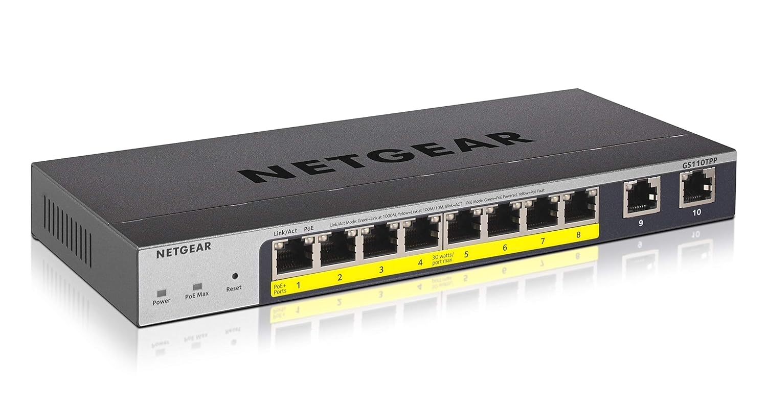NETGEAR GS110TPP 10-Port Gigabit Ethernet Smart Managed Pro PoE Switch with 8 x PoE+ 120W, Desktop/Wall Mount