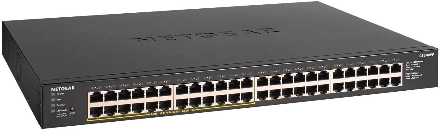 NETGEAR 48-Port Gigabit Ethernet Unmanaged PoE+ Switch (GS348PP) - with 24 x PoE+ @ 380W, Desktop/Rackmount, Sturdy Metal