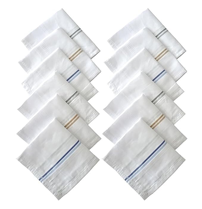 100% Combed Cotton Premium Collection Handkerchiefs Hanky For Men, White Striped XXL King Size, 12