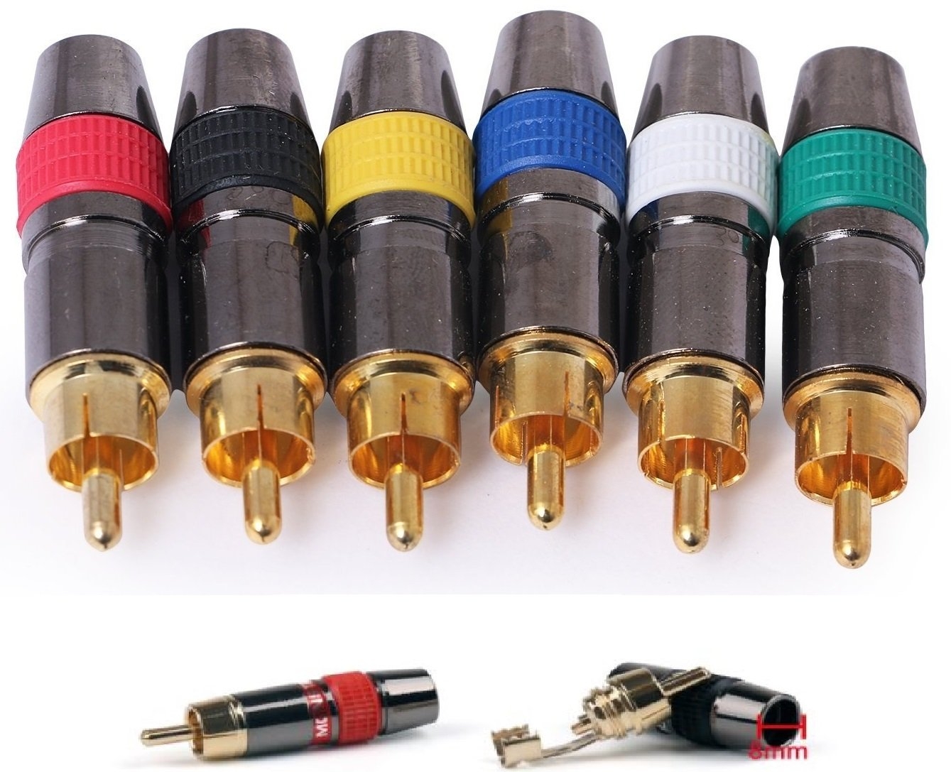 Metal Solderless RCA Male Connectors Screw Design - Audio/Video in-Line gold plated jack - 6 pcs
