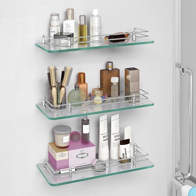 Plantex Transparent Glass Shelf for Bathroom/Kitchen/Living Room - Bathroom Accessories (Polished 12x6 - 3 pcs)